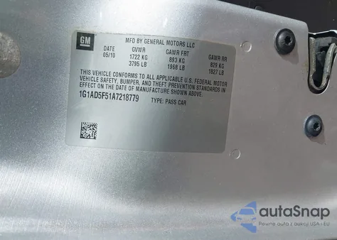 2010 Chevrolet Cobalt Lt z USA, uszkodzony, nr VIN 1G1AD5F51A7218779